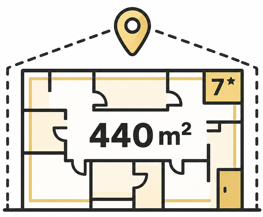 Łącznie ok. 440 m2 powierzchni dla mieszkańców, w tym 7 pomieszczeń